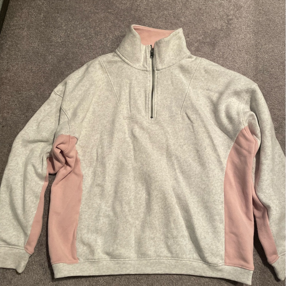 American Eagle White and Pink Quarter Zip Sweatshirt Size: S